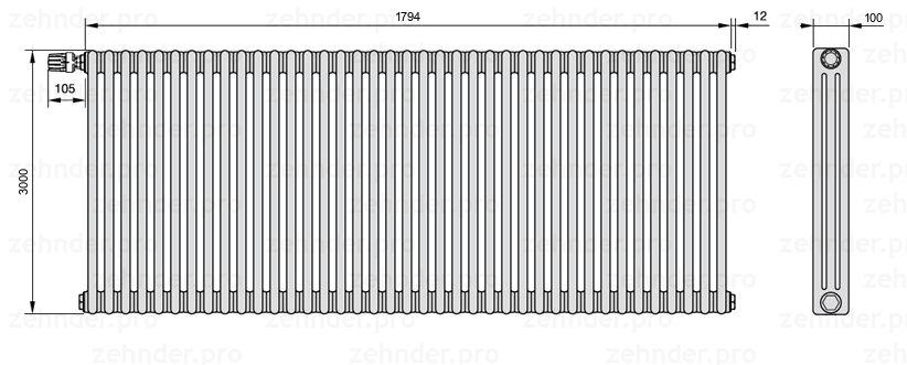Схема (чертеж) Радиатор Zehnder Charleston 3300/39 №V012 Белый глянцевый RAL 9016